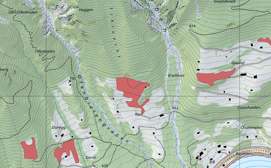 swisstopo national map showing the protected perimeter of Unterer Ofenbielen (Dry meadow)