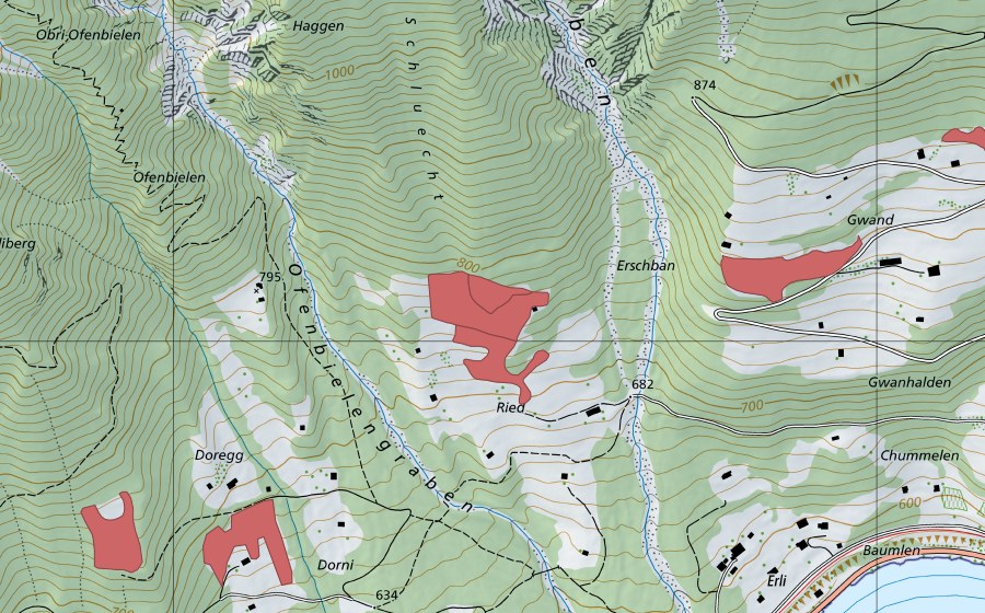 Carte nationale swisstopo avec le périmètre protégé de Unterer Ofenbielen (Prairie sèche)