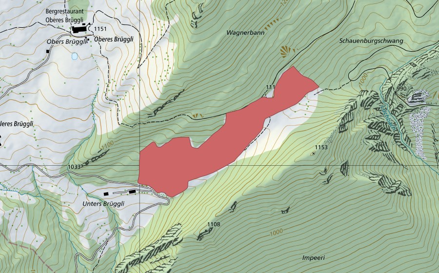 Carte nationale swisstopo avec le périmètre protégé de Unteres Brüggli (Prairie sèche)