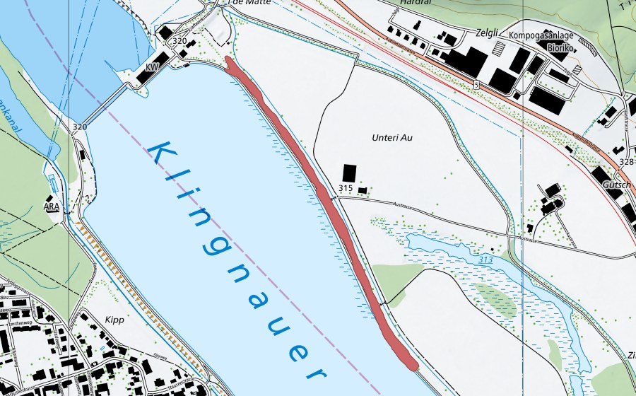 Carte nationale swisstopo avec le périmètre protégé de Unteri Au (Prairie sèche)