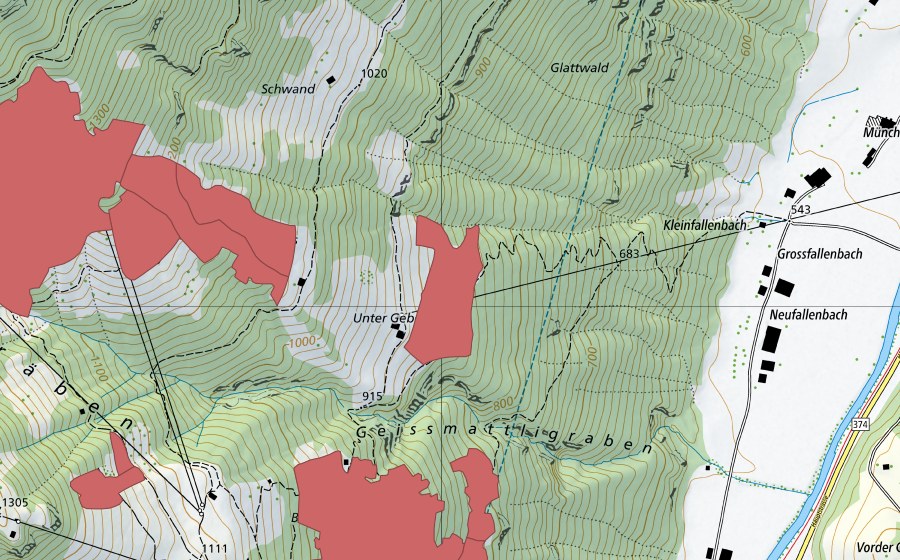 Carte nationale swisstopo avec le périmètre protégé de Unterst Geberts (Prairie sèche)
