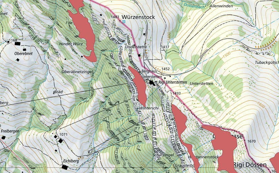 Landeskarte swisstopo mit dem Schutzperimeter von Unterstetten (Trockenwiese)
