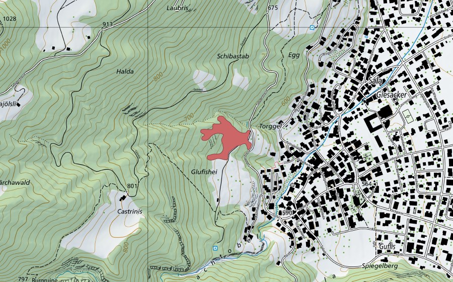 Carte nationale swisstopo avec le périmètre protégé de Untervaz (Prairie sèche)