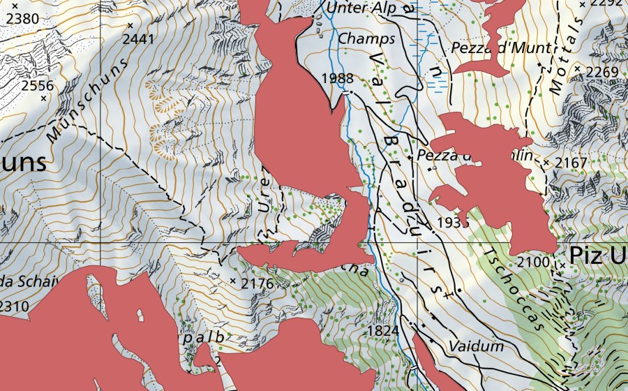 Carte nationale swisstopo avec le périmètre protégé de Urezza da Tea (Prairie sèche)