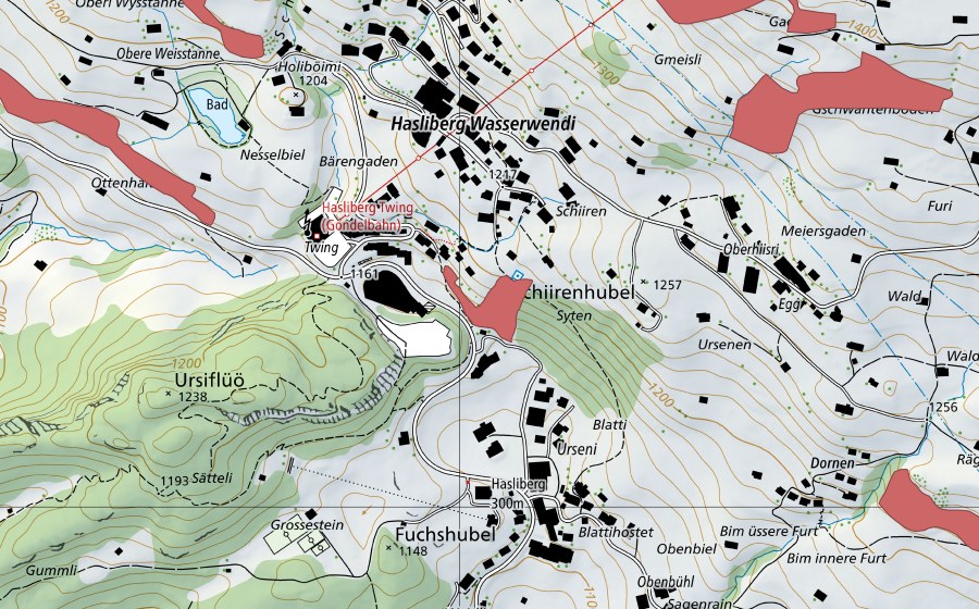 Landeskarte swisstopo mit dem Schutzperimeter von Urseni (Trockenwiese)