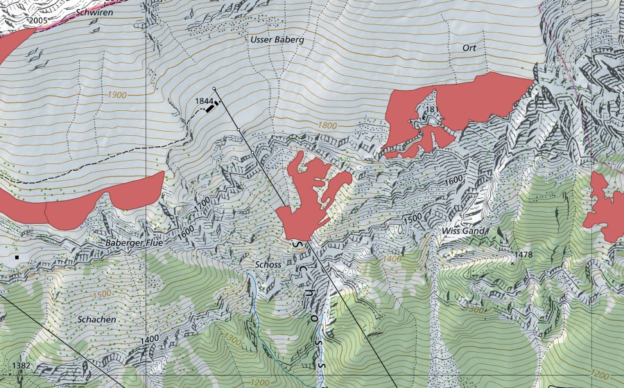 Carte nationale swisstopo avec le périmètre protégé de Usser Baberg (Prairie sèche)