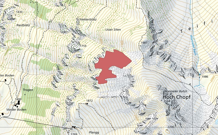 Landeskarte swisstopo mit dem Schutzperimeter von Usser Siten (Trockenwiese)