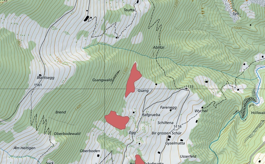 swisstopo national map showing the protected perimeter of Usserfeld (Dry meadow)