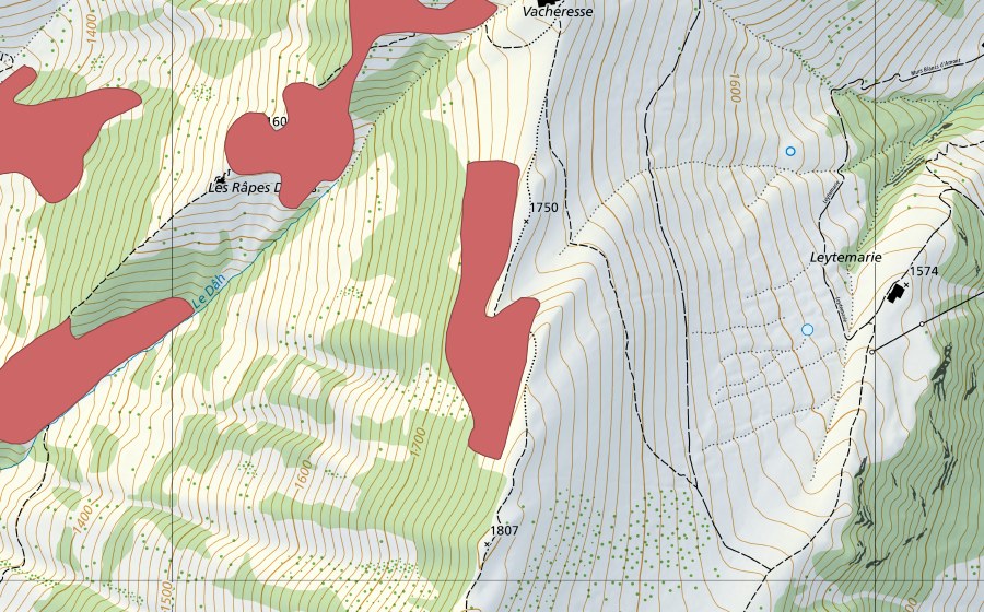 Carte nationale swisstopo avec le périmètre protégé de Vacheresse (Prairie sèche)