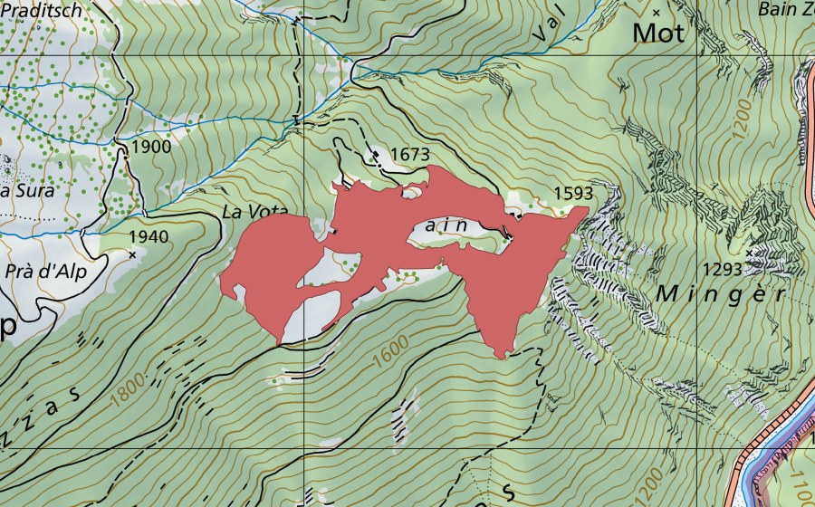 Carte nationale swisstopo avec le périmètre protégé de Vadrain (Prairie sèche)