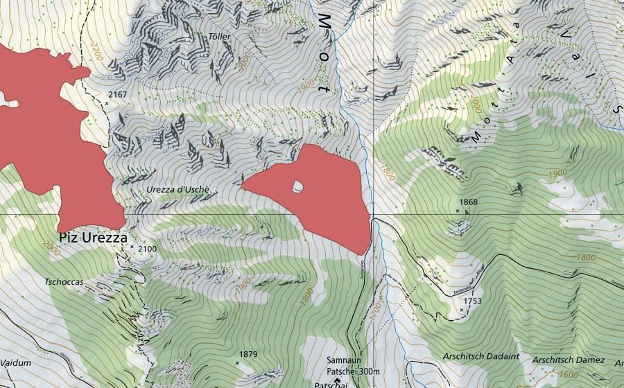 Carte nationale swisstopo avec le périmètre protégé de Val da Mot (Prairie sèche)
