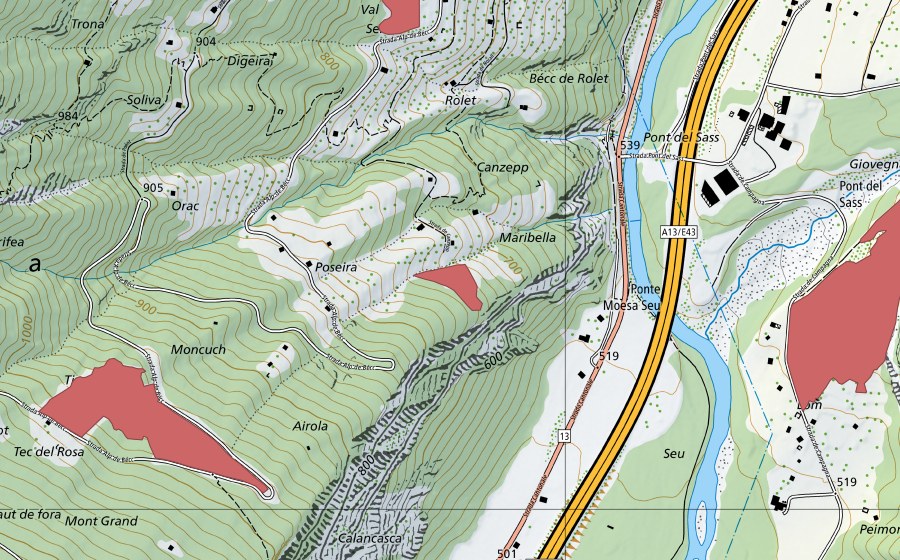 Carte nationale swisstopo avec le périmètre protégé de Val de Posseira (Prairie sèche)