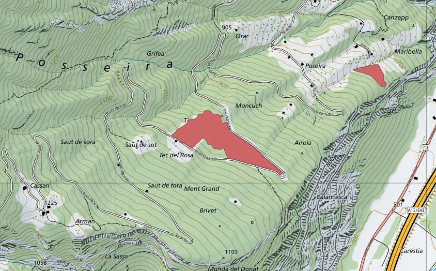 swisstopo national map showing the protected perimeter of Val de Posseira (Dry meadow)