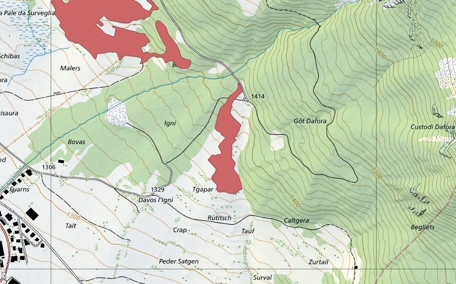 Carta nazionale swisstopo con il perimetro protetto di Val Meltger (Prato secco)