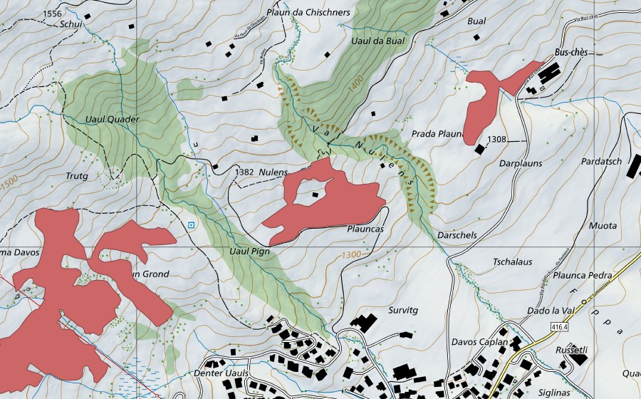 swisstopo national map showing the protected perimeter of Val Nulens (Dry meadow)