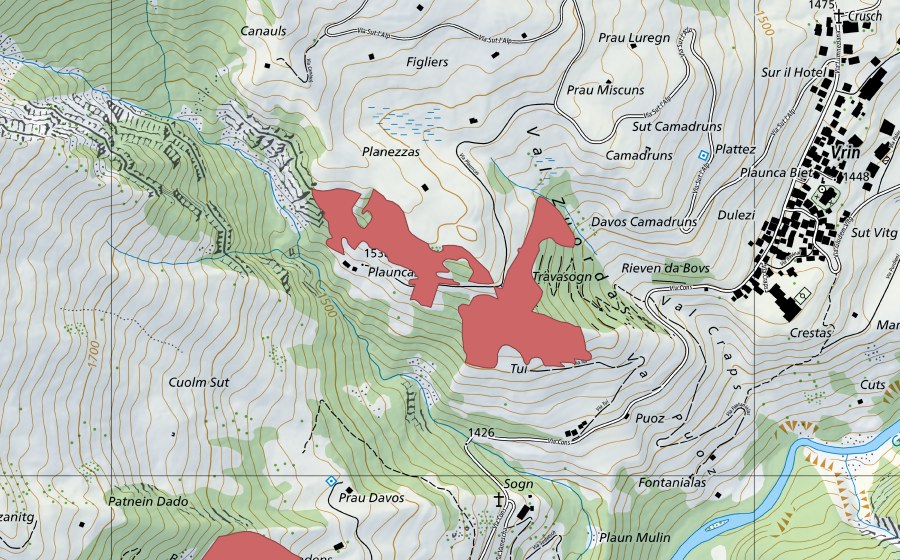 Landeskarte swisstopo mit dem Schutzperimeter von Val Tui (Trockenwiese)