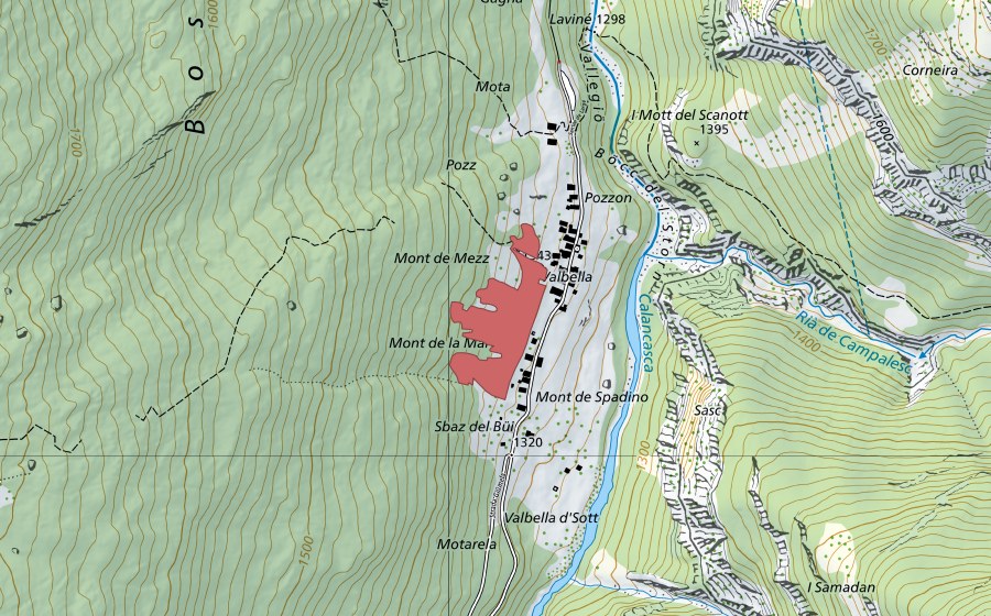Landeskarte swisstopo mit dem Schutzperimeter von Valbella (Trockenwiese)