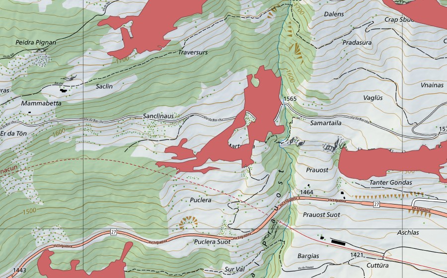 Carta nazionale swisstopo con il perimetro protetto di Valdez (Prato secco)