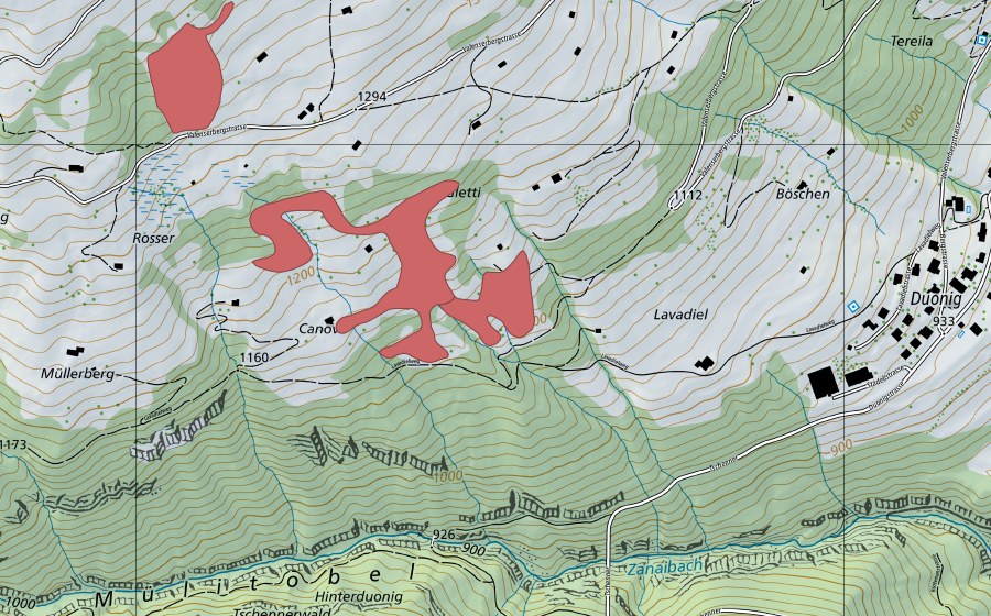 swisstopo national map showing the protected perimeter of Valenserberg Gletti (Dry meadow)