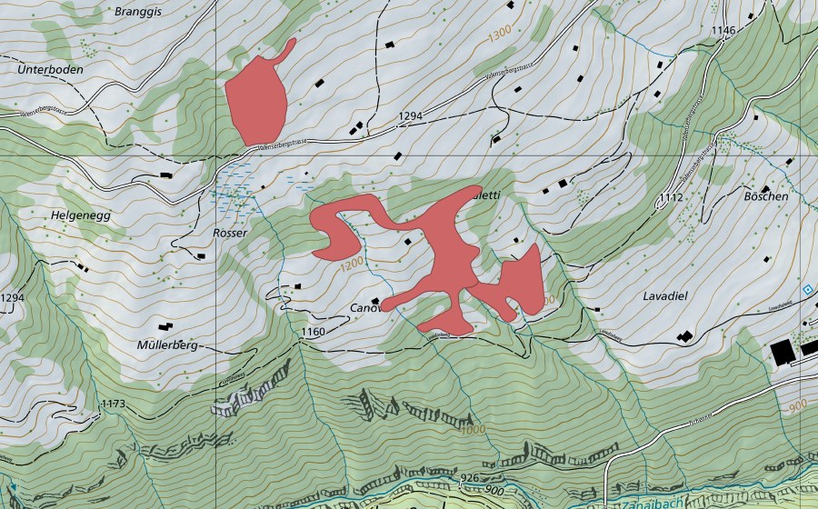 Carte nationale swisstopo avec le périmètre protégé de Valenserberg Gletti (Prairie sèche)