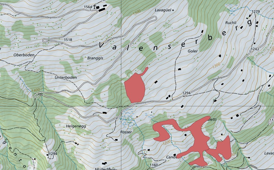 Landeskarte swisstopo mit dem Schutzperimeter von Valenserberg (Trockenwiese)