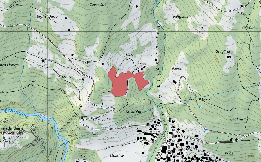 swisstopo national map showing the protected perimeter of Vals (Dry meadow)