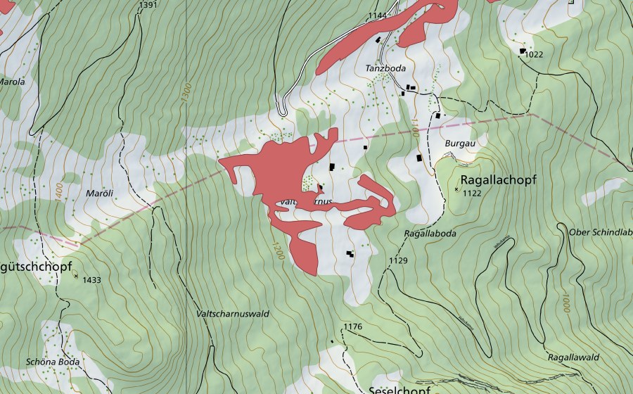 Carte nationale swisstopo avec le périmètre protégé de Valtscharnus (Prairie sèche)