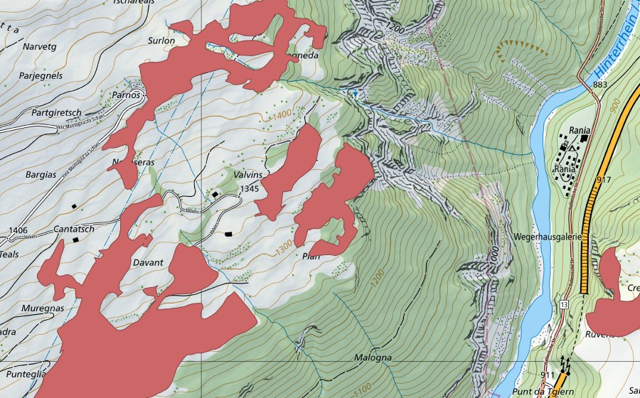 Landeskarte swisstopo mit dem Schutzperimeter von Valvins (Trockenwiese)
