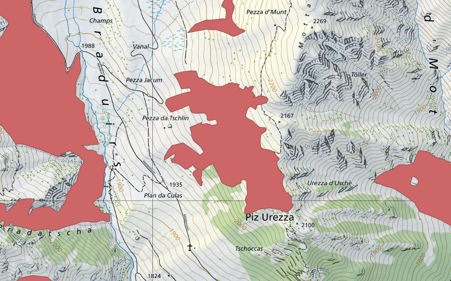 Landeskarte swisstopo mit dem Schutzperimeter von Vanal (Trockenwiese)
