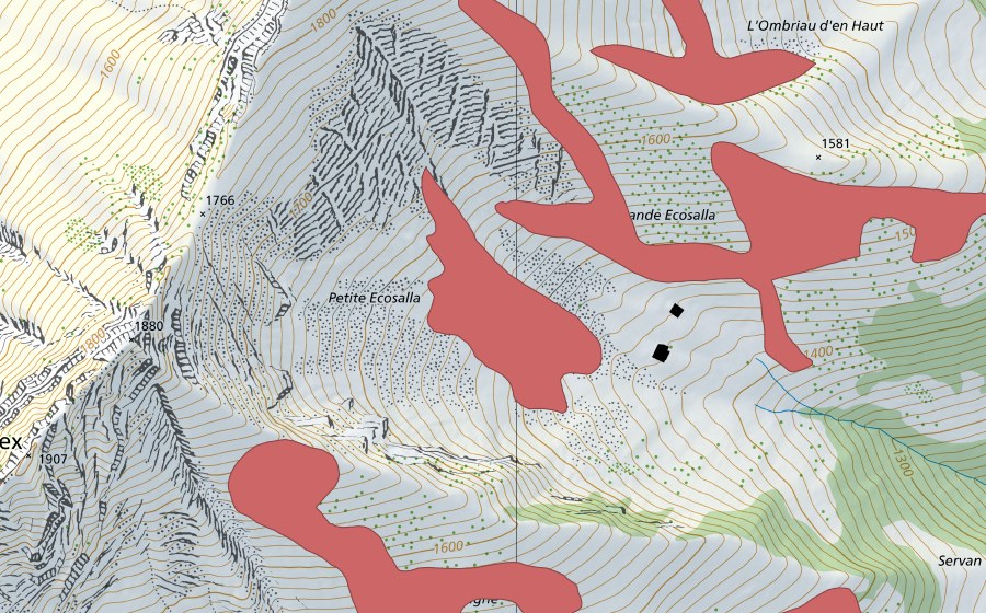 Carte nationale swisstopo avec le périmètre protégé de Vanil Blanc (Prairie sèche)