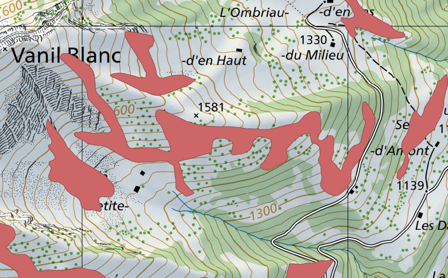 Carte nationale swisstopo avec le périmètre protégé de Vanil Blanc (Prairie sèche)