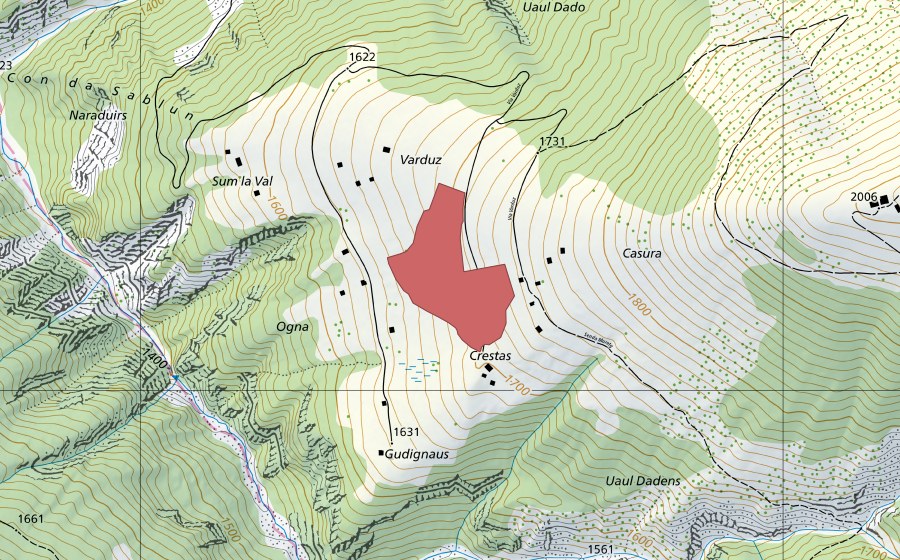Carte nationale swisstopo avec le périmètre protégé de Varduz (Prairie sèche)