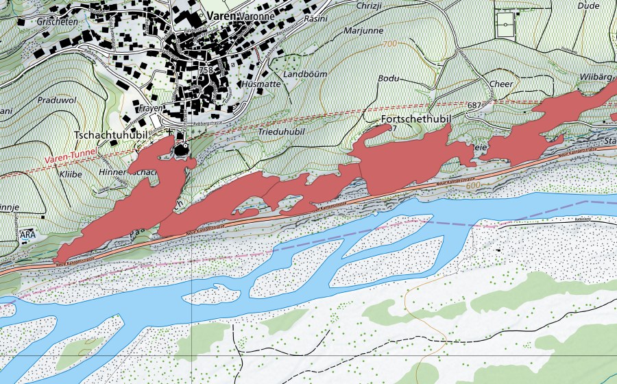 swisstopo national map showing the protected perimeter of Varen (Dry meadow)