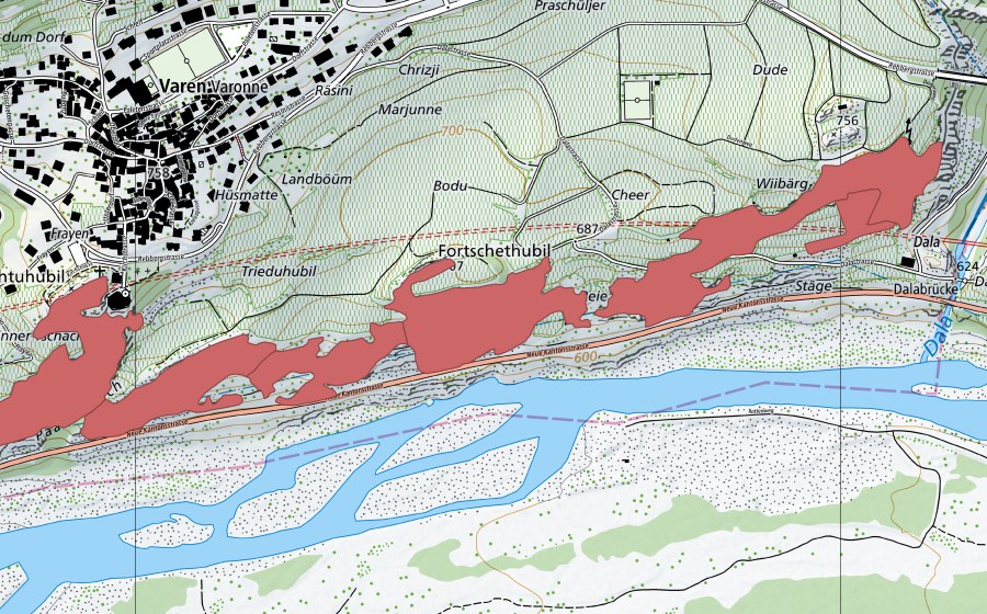 Landeskarte swisstopo mit dem Schutzperimeter von Varen (Trockenwiese)