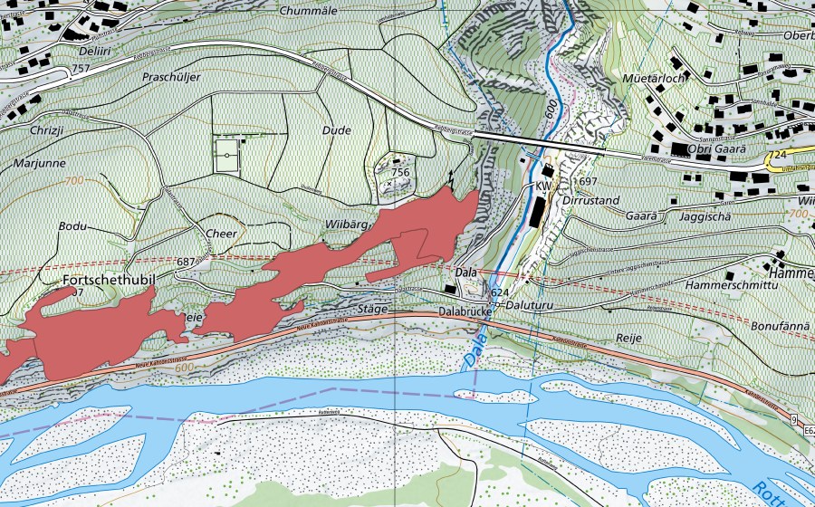 swisstopo national map showing the protected perimeter of Varen (Dry meadow)