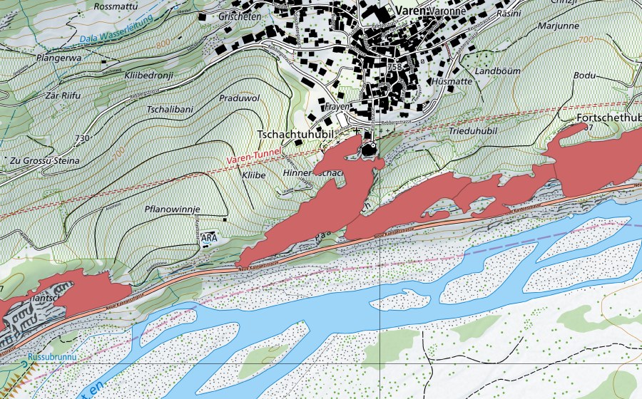 swisstopo national map showing the protected perimeter of Varen (Dry meadow)