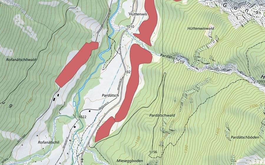 Carte nationale swisstopo avec le périmètre protégé de Vättis Pardätsch (Prairie sèche)