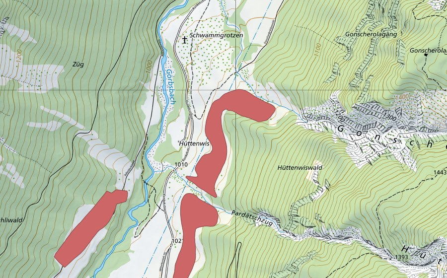 Carte nationale swisstopo avec le périmètre protégé de Vättis Pardätsch (Prairie sèche)