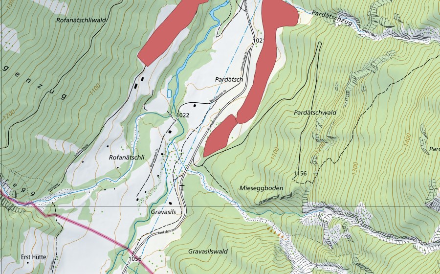 swisstopo national map showing the protected perimeter of Vättis Pardätsch (Dry meadow)