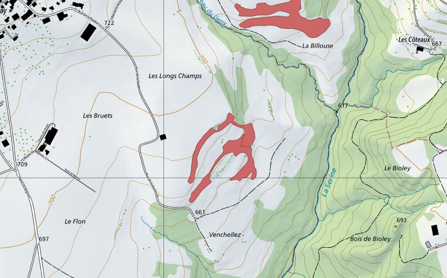 Carte nationale swisstopo avec le périmètre protégé de Venchellez (Prairie sèche)
