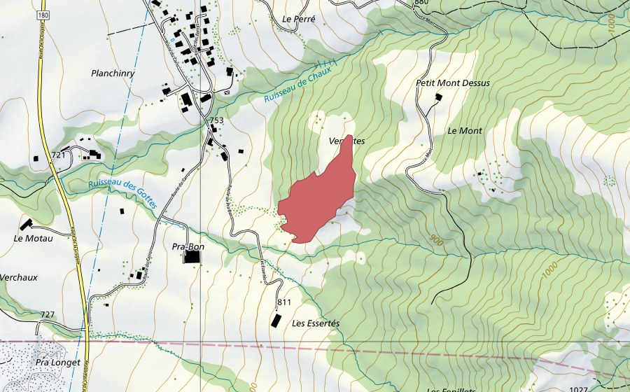 swisstopo national map showing the protected perimeter of Venettes (Dry meadow)