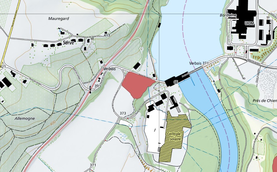 Carte nationale swisstopo avec le périmètre protégé de Verbois (Prairie sèche)