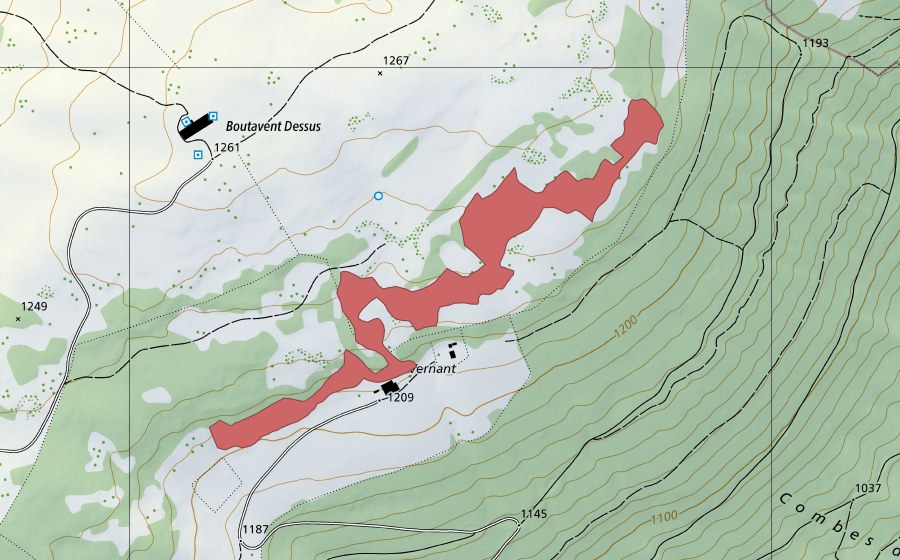 Landeskarte swisstopo mit dem Schutzperimeter von Vernant (Trockenwiese)