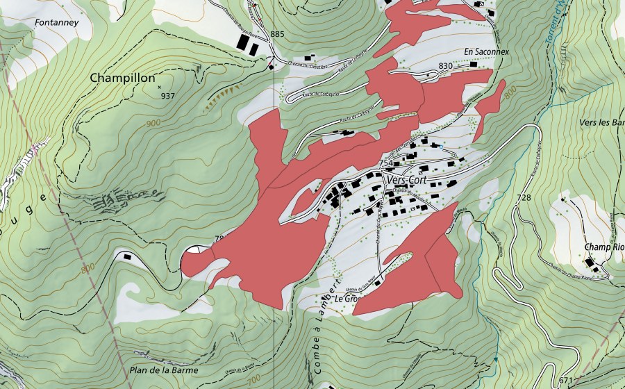Carte nationale swisstopo avec le périmètre protégé de Vers Cort (Prairie sèche)