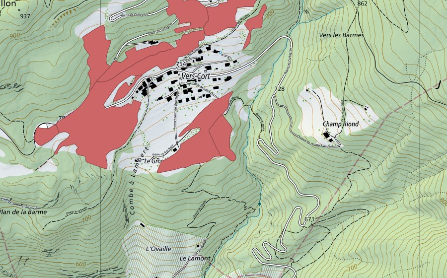 Carte nationale swisstopo avec le périmètre protégé de Vers Cort (Prairie sèche)