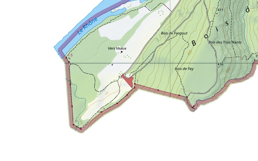 Carte nationale swisstopo avec le périmètre protégé de Vers Vaux (Prairie sèche)