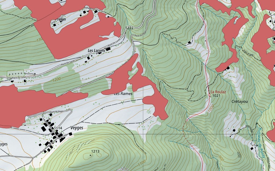 Carte nationale swisstopo avec le périmètre protégé de Veyges (Prairie sèche)