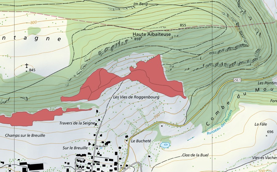 Carte nationale swisstopo avec le périmètre protégé de Vies de Roggenburg (Prairie sèche)