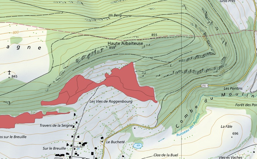 Carte nationale swisstopo avec le périmètre protégé de Vies de Roggenburg (Prairie sèche)