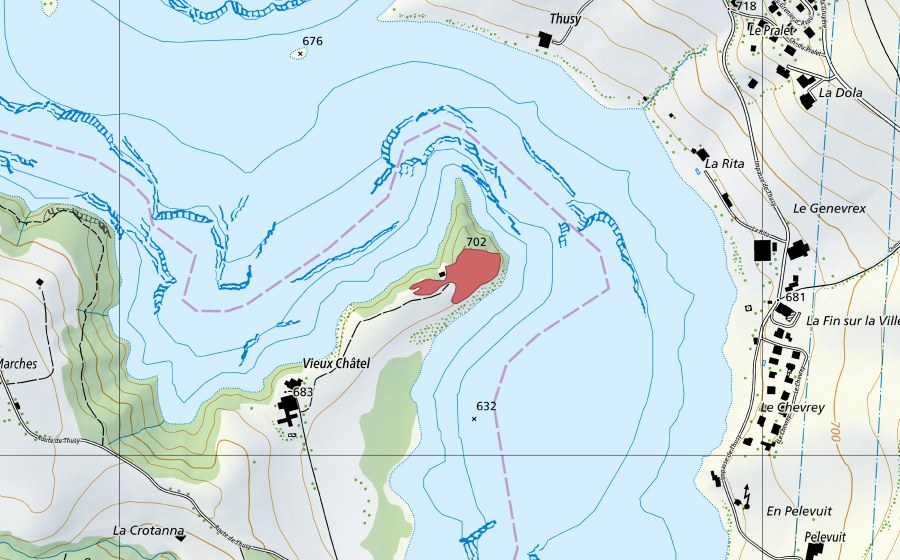 Carte nationale swisstopo avec le périmètre protégé de Vieux Châtel (Prairie sèche)